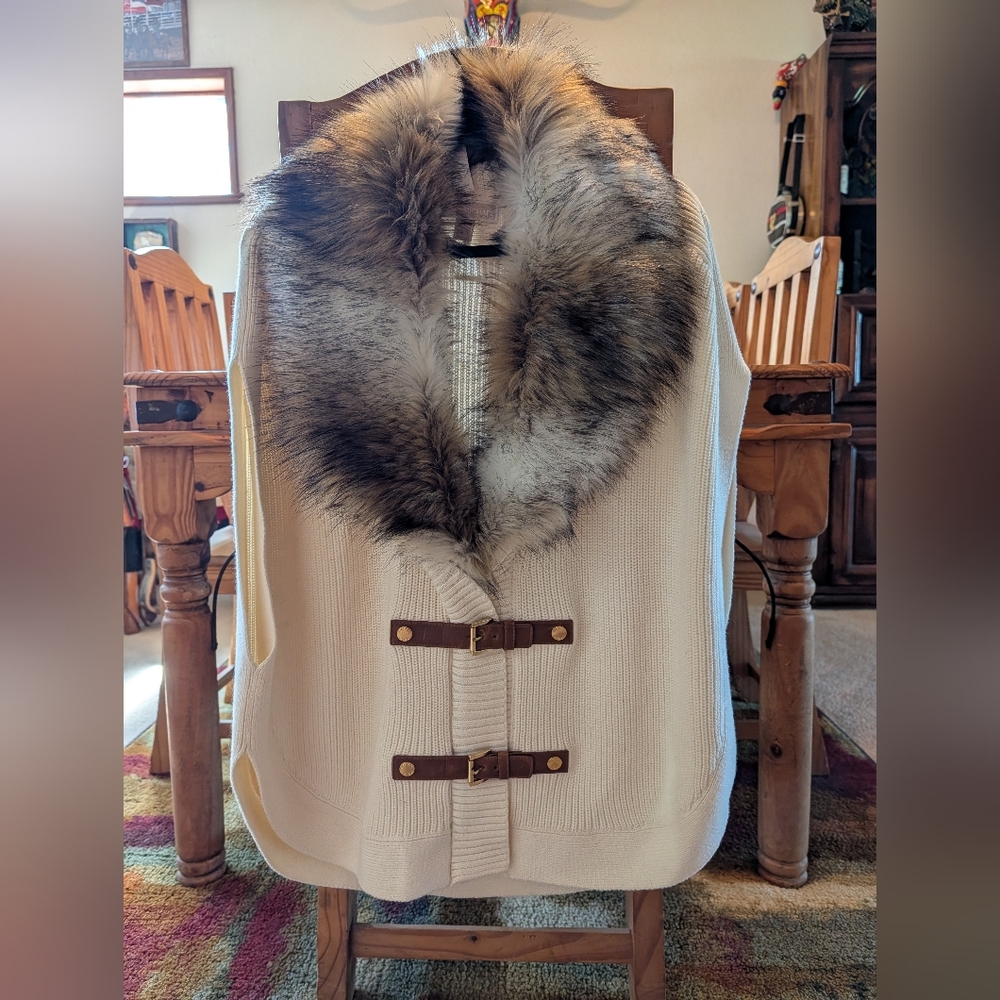 Michael Kors Cream Knit Vest with Removable Faux Fur Collar and Brown Trim